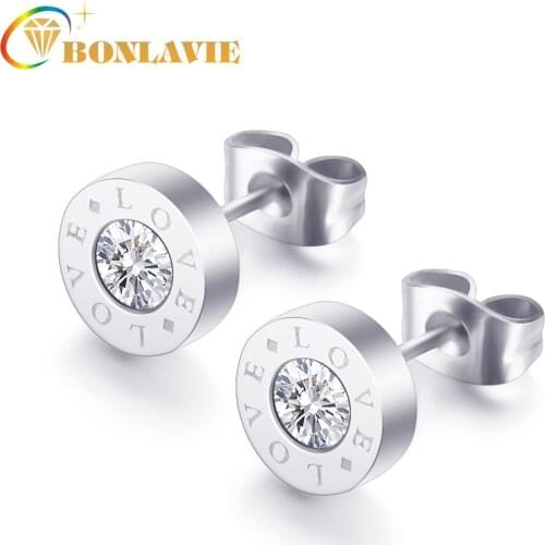BONLAVIE Titanium Steel Letter Love Stud Earrings Cute Romantic Women Female Geometric Circle Letters Zircon Wedding Earrings
