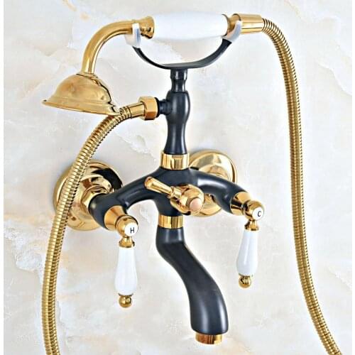 Black Oil Rubbed & Gold Brass 2 Handle Wall Mount Bathroom Bath Tub Faucet Set with 1.5M Hand Held Shower Spray Mixer Tap 2na445