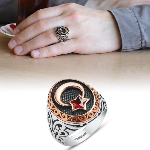 Tesbihane Red Zircon Stone the Moon the stars Pattern 925 Sterling Silver Men 'S Ring
