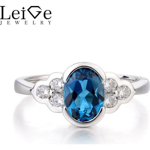 Leige Jewelry Promise Ring London Blue Topaz Silver Ring November Birthstone Oval Cut Blue Gemstone Solid 925 Sterling Silver
