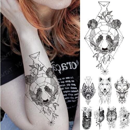 Waterproof Temporary Tattoo Sticker Line Geometry Fox Panda Wolf Tattoos Deer Flowers Body Art Arm Fake Sleeve Tatoo Women Men