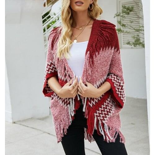 2021 Womens Geometric Cloak Tassel Shawl Knitted Cardigan Autumn Coat Scarf Jacket Coat Casual Poncho