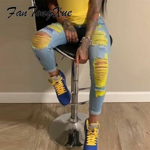 Skinny Hole Jeans Woman 2021 Colorblock Streetwear Pencil Denim Pants Women Sheath Vintage Trousers Jeans for Women