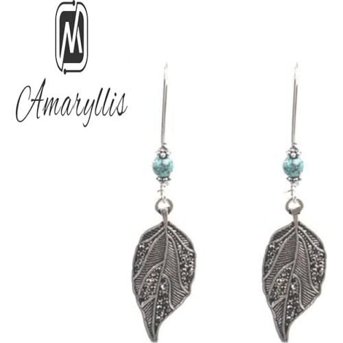 Amaiyllis Vintage Copper Silver Color leaf Dangle Earrings For Women Bohemia Beads Long Drop Earrings Alloy Pendant Earring Gift