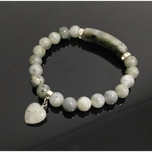 Retro Reiki Stone Strand Bracelets Natural Labradorite Bracelet Grey Moonstone Rectangle Bar Heart Charm Bracelet Women Female