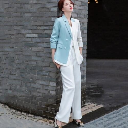2021 womens pants suit 2-piece suit formal dress elegant ladies stitching blazer women double breasted jacket + wide leg pants