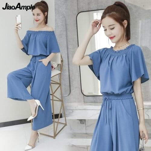 2021 Summer Plus Size Women Clothing Set Lady Graceful Slash Neck Chiffon Solid Blue Shirt Wide Leg Pants Suit Leisure Trousers