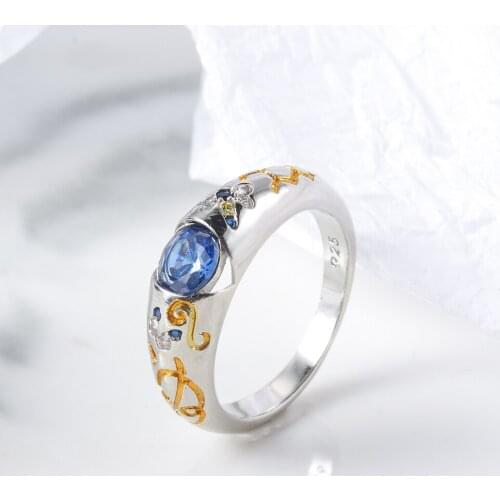 Fashion Charm Banquet Engagement Ring Women Ring Gold Texture Pattern Blue Large Zircon Silver Color Ring For Girlfriend Gift