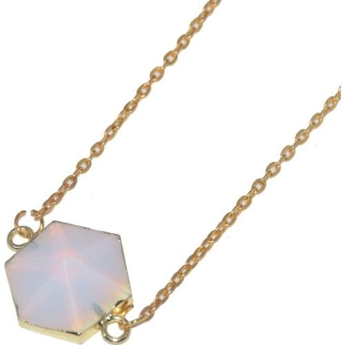 Fashion Jewelry White Fluorescent hexagonal opal pendant necklace 2019 2 loops gem stone connector chain necklace women