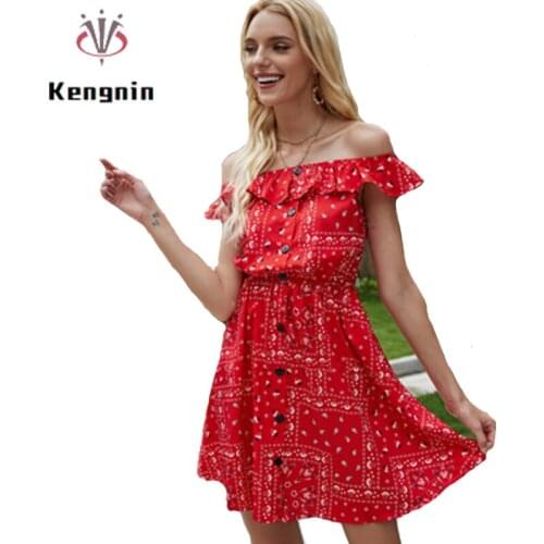 European Chic Women Summer Dress 2021 New Ruffles Sexy Slash Neck Ladies Vestidos Print Button Female Bohemian Dresses KE1240