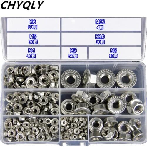 A set of M3M4M5M6M8M10M12 304 Stainless Steel Hex Head Flange Nuts set kit