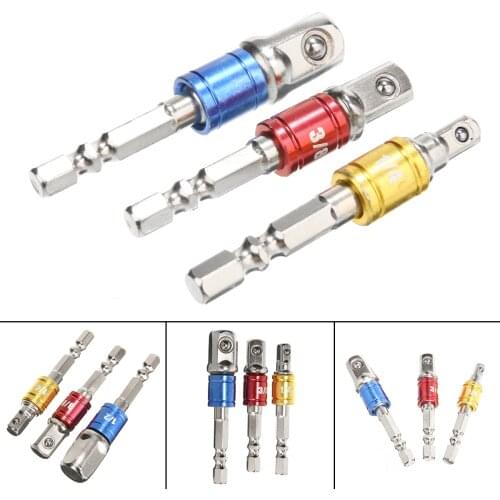 3 Piece Steel Impact Socket Adapter Quick Change 1/4" Shank Drill Socket Adapter Converters To 1/4″ 3/8″ 1/2″ Driver Rod
