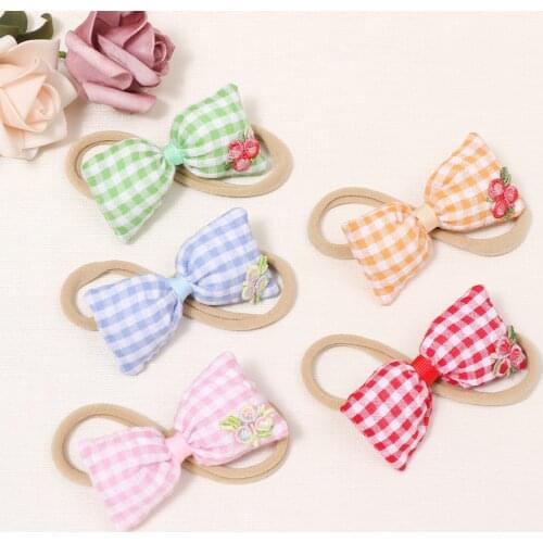 7*3.5 CM Lovely Embroidered Flowers Bowknot Traceless Elastic Hairband Fashion Plaids Bows Newborn Headband Photography Props
