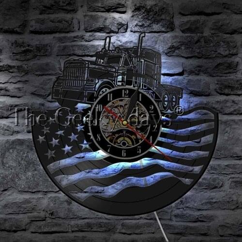 American Flag With A Truck Vinyl Record Wall Clock Patriotic Wall Hanging Light Vintage Vehicle Home Decor Clock Watch Boys Gift