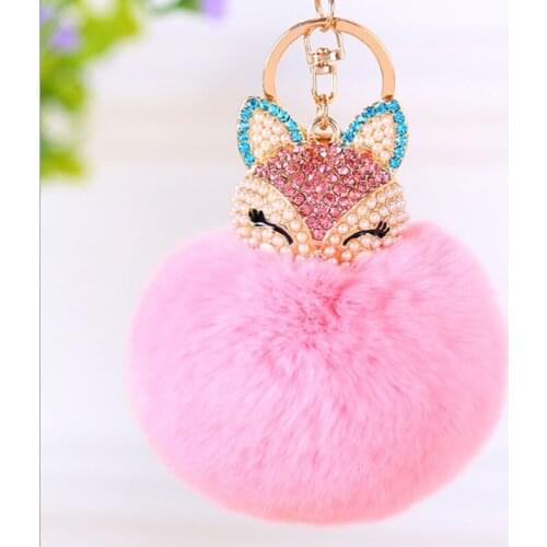 Lovely Crystal 100% Real Rabbit Fur Keychains Women Trinkets Suspension On Bags Car Key Chain Keyrings Jewelry Gift GL5006