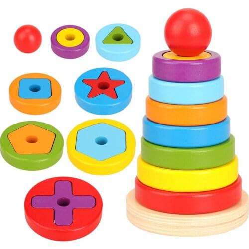 Baby Kids Wooden Rainbow Color Ring Geometric Building Blocks Stacking Game Puzzle Interactive Toy