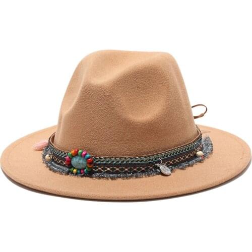 2020 winter fedora hats for women fashion Flat wide Brim Wool Felt Jazz Fedora Hat for men Gem belt goth top vintage wedding Hat