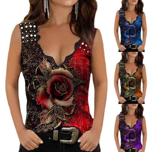 V Neck Sleeveless T-shirt Rose Flower Print Thin Lace Stitching Slim Women Vest Streetwear for Daily Wear