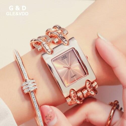 G&D Women Clock Fashion Casual Double Bracelet Quartz Wrist Watch Top Brand Luxury Rectangle Case Ladies Wristwatch reloj mujer