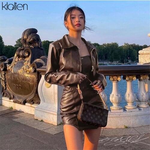 KLALIEN Fashion Casual Turn-down Collar Zipper Slim PU Leather Coat For Women Streetwear Short Jacket Solid Black Y2K Clubwear