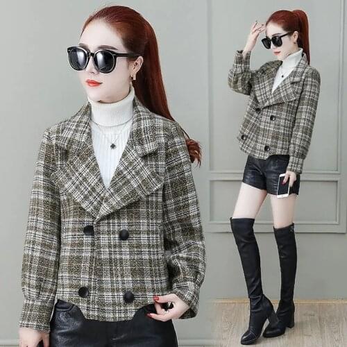 Plaid Short Women Jacket Korean Fashion All-Match Large Size Outerwear Top Woolen Turn-Down Collar Elegant Vintage Female Coats