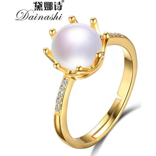 Dainashi 925 Sterling Silver Gold Color Crown Zircon Crystal Ring Fine Jewelry 100% Genuine Freshwater Cultured Pearl Ring Gift