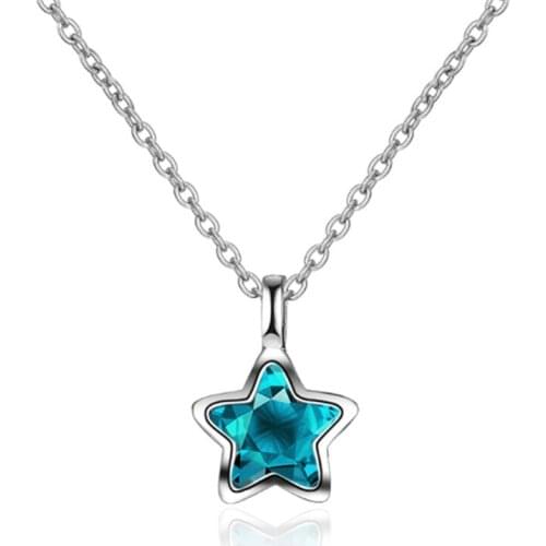 Korean simple personality lovely and sweet and fresh joker blue crystal star female silver plated necklaces SE066