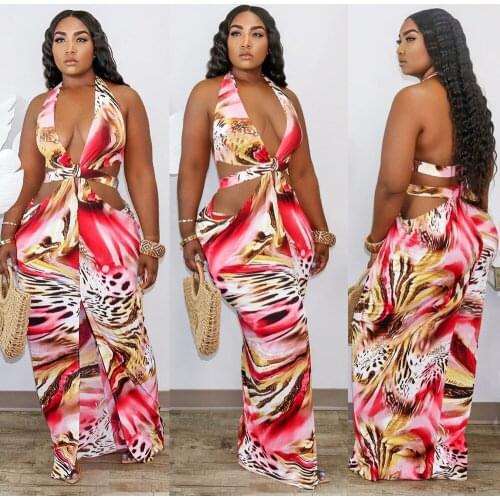 Printed suspenders, split open waist loose dress, nightclub clothes