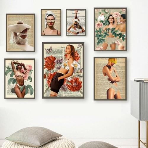 Fashion Sexy Bikini Girl Art Poster Vintage Collage Flower Canvas Painting for Living Room Home Wall Decor Pictures Frameless