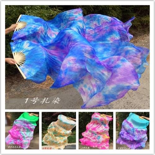 New Tie-dyed Belly Dance 100% real silk Fan Veils for Women long flowy Stage Performance silk Fan 4 sizes