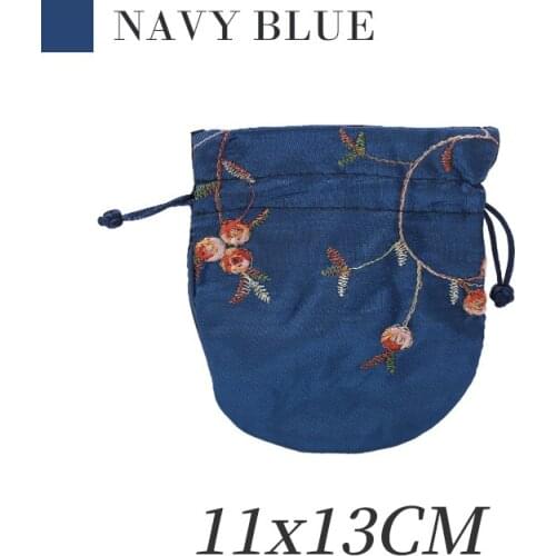 New Brocade Flower Embroidery Drawstring Blue Jewelry Storage Bags For Femal Ring Earring Pendent Bracelet Organizer Handbags