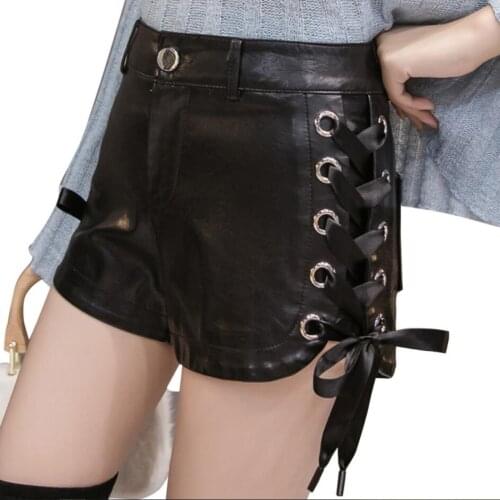 Autumn winter fashion side lace -up pu shorts women high waist skinny boots shorts