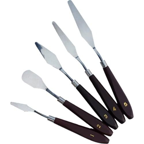 Professional Stainless Steel 5pc Set Gouache Oil Painting Toning Wooden Handle Scraper Gouache Painting Knife Arts Painting