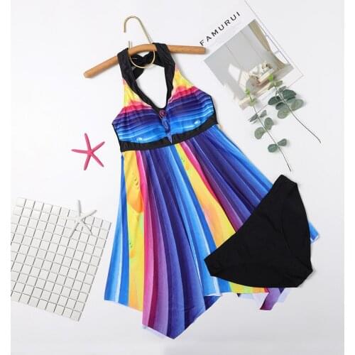 Plus Size Two piece Swimsuit Women Rainbow Stripe Print Swimdress Push Up Swimwear Swim Dress Striped Bathing Suit Swim Skirt
