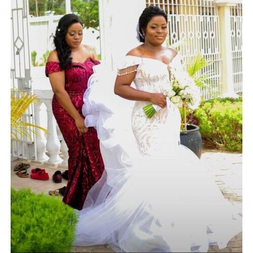 Off Shoulder Mermaid Wedding Dresses 2021 Full Lace Bridal Party Gowns For Arabic Women Robe De Marriage Bride Wears