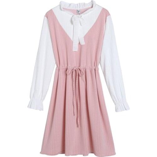XUANHAO Women Striped Patchwork A-Line Dress Bow Neck Long Sleeve Female 2020 Summer Sweet Style Chic Mini Lace Up Dresses