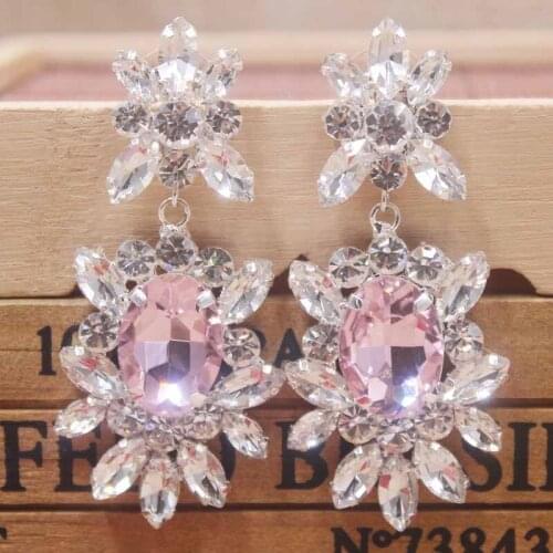 Zerong jewelry pink rhinestone dangling gold jewelry crystal earring silver shiny lady wedding /party bridal deoration earring