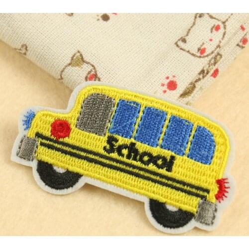 Cartoon Yellow School Bus Motorcycle Iron on Embroidery Cloth Patch For Girls Boys Clothes Stickers Apparel Garment Accessories
