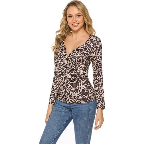 Woman Leopard Print Shirt Lady Sexy Long Sleeve Blouse Deep V-neck Camisas Mujer Blusas for Femme Fashion Sexy & Club Full