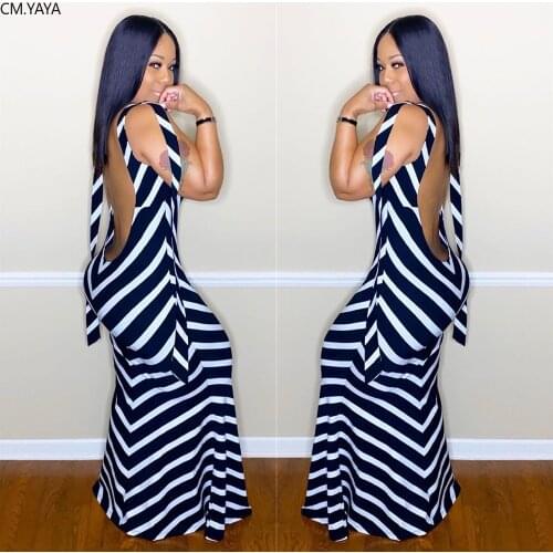 Women Summer Fashion Dress Sleeveless Long Maxi Dress Backless Striped Print Bandage Beach Night Club Party Dresses Vestido 6348