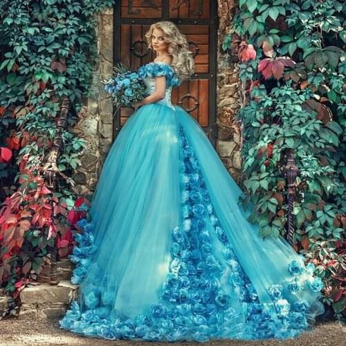 2019 Handmade Flowers Off the Shoulder Quinceanera Dresses Blue Masquerade Party Gowns Sweep Train Prom Gowns Princess Sweet 16