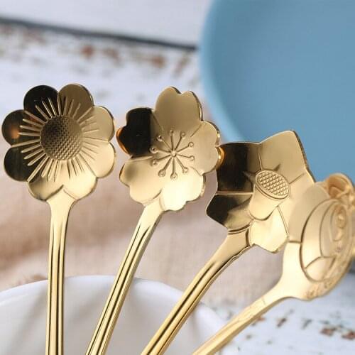 10Pcs /set Cute Stainless Steel Flower Teaspoon Dessert Coffee Spoon Golden Sakura Rose Spoon