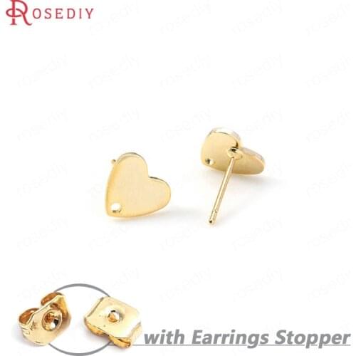 34642)10PCS 9*8MM 24K Gold Color Brass with Hanging Hole Heart Stud Earrings Pins High Quality Diy Jewelry Findings Accessories