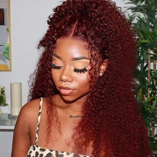99j Red Color Afro Kinky Curly Wig 13x4 Lace Frontal Wig 200 Density Remy Brazilian Short Curly Human Hair Wigs For Woman