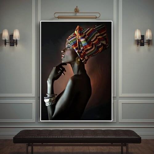 African Nude Woman Indian Headband Portrait Canvas Painting Posters and Prints Wall Art Pictures for Living Room Home Decoration