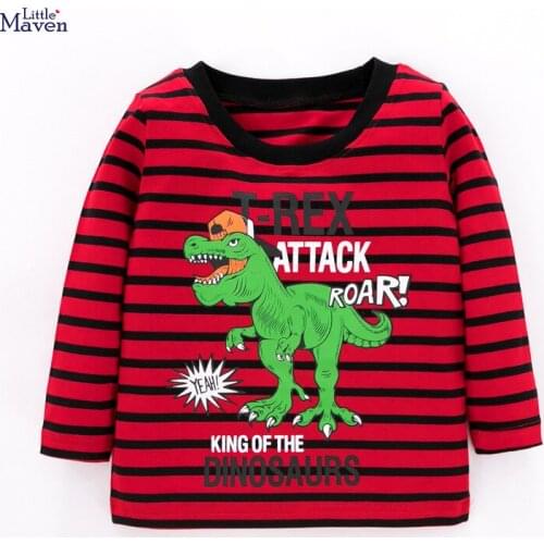 Little Maven New Autumn Spring Kids Red Striped Dinosaur Tyrannosaurus O-neck Full- sleeved Cotton Knitted Boys Casual Tshirts