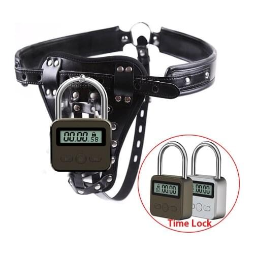 Mens Leather Chastity Thong Panties Cock Cage Penis Restraint Bondage Time Lock Sex Toys Male Chastity Belt Scrotum Stretcher