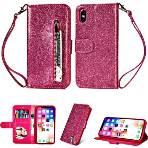 Dower Me Fashion Zipper Wallet Flip Card Slot Holder Bling Glitter Leather Case Cover For iPhone XS Max XR X 8 7 6 6S Plus