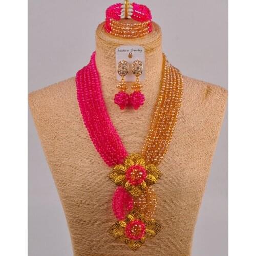 Fuchsia pink champagne gold AB costume necklace african jewelry set crystal nigerian wedding beads 6CHL