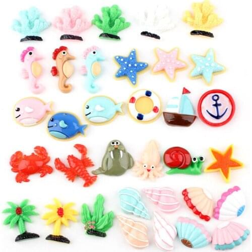 Kawaii Resin Cabochon Cute Sea Horse Crab Anchor Snails Shell Star Whale Coral Boat Embellishments Scrapbooking Stickers 10pcs